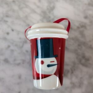 Starbucks Coffee Mug Cup Ceramic Ornament Christmas Snowman Wink Holiday 2012 3"